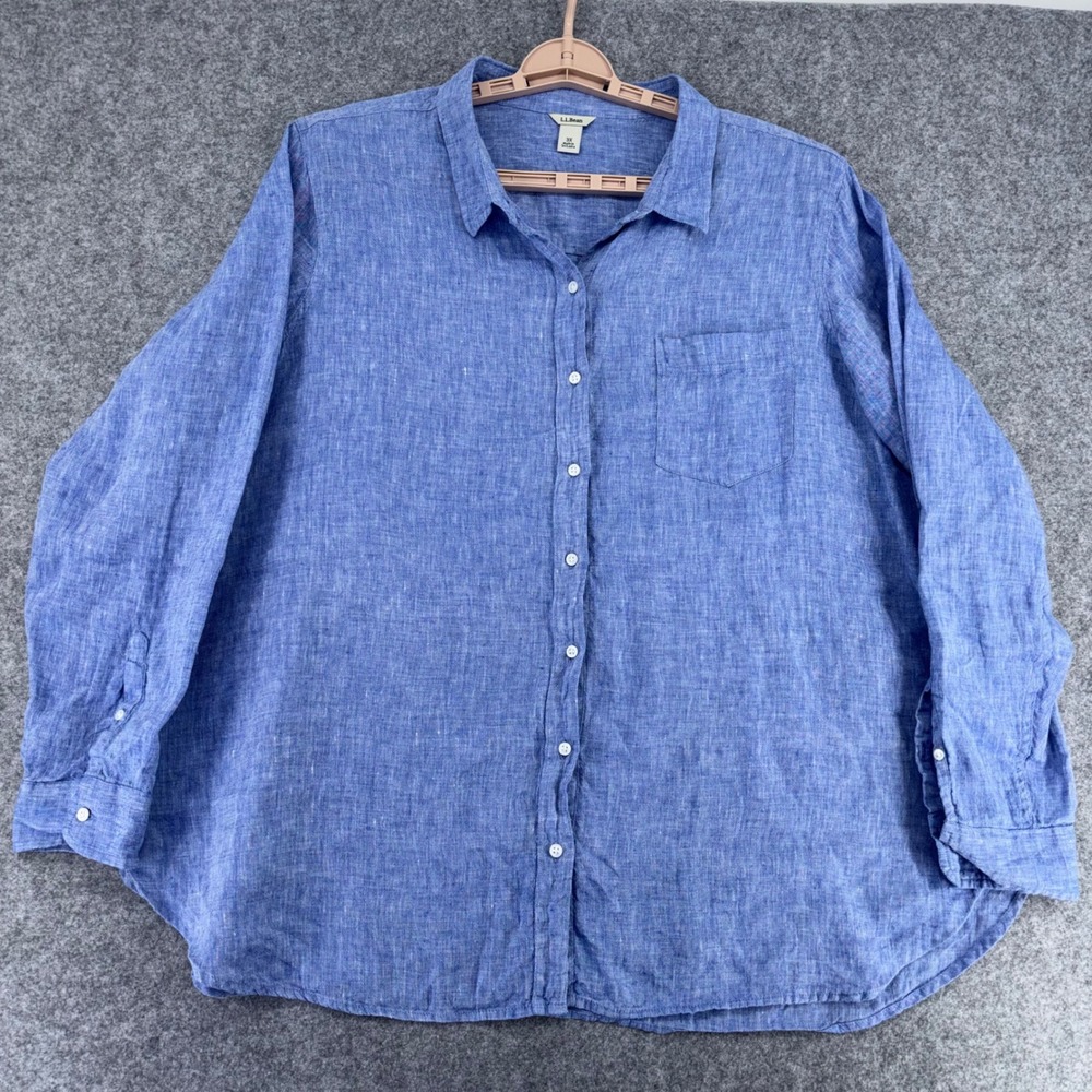LL Bean Women 3X Blue 100% Linen Button Down Shirt Long Sleeve 301233